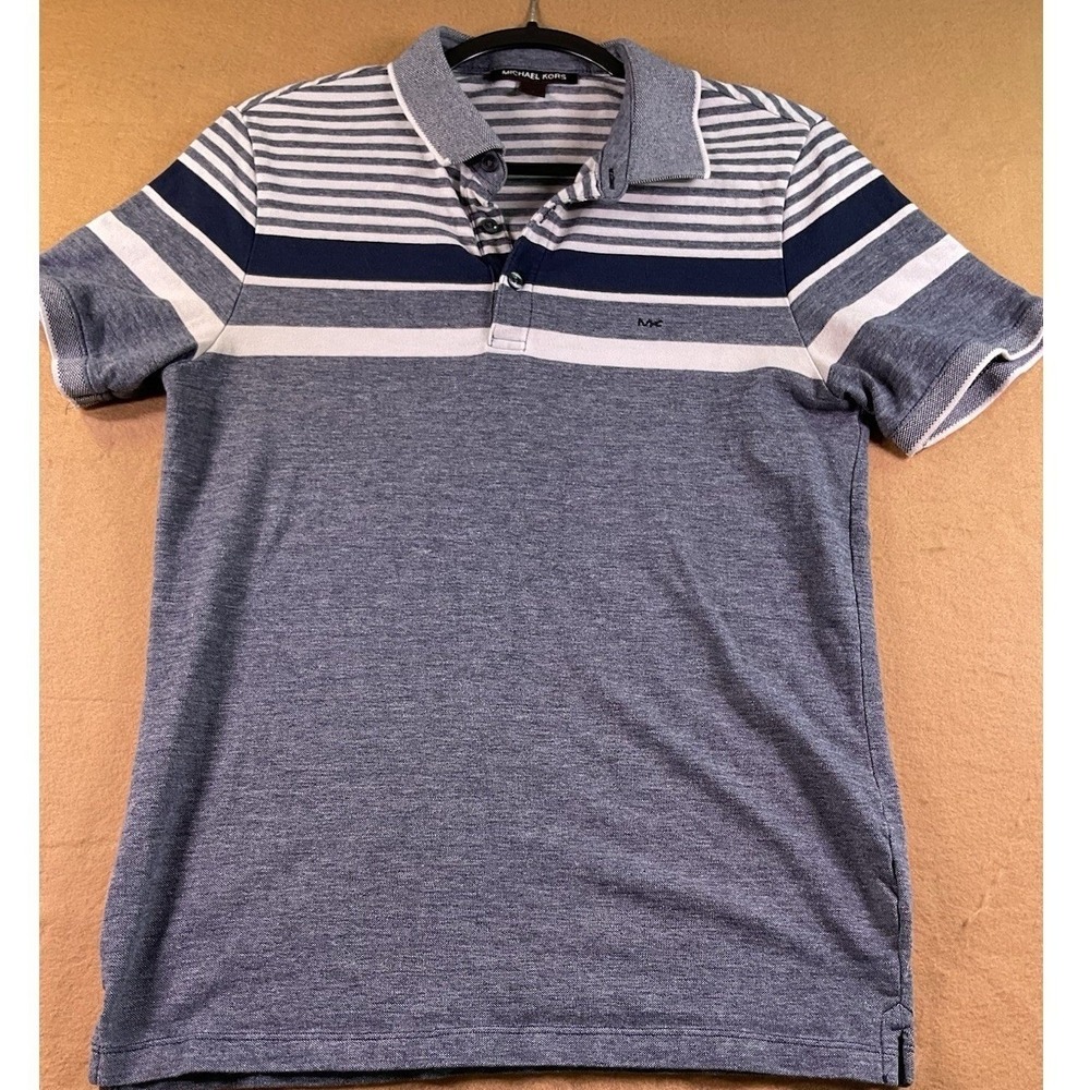 Michael Kors Mens Blue White Striped Short Sleeve Polo Shirt MK Logo Size M